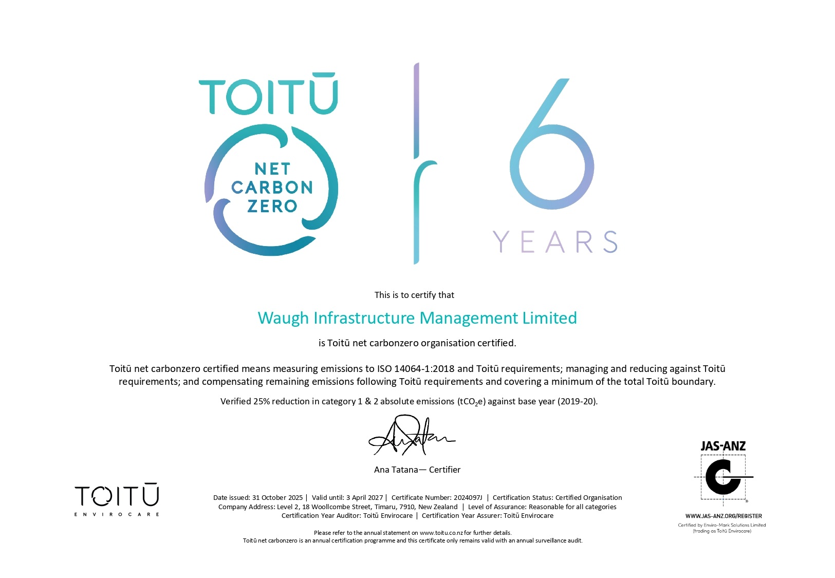 Toitū net carbonzero Oct 2025 certificate waugh infrastructure
